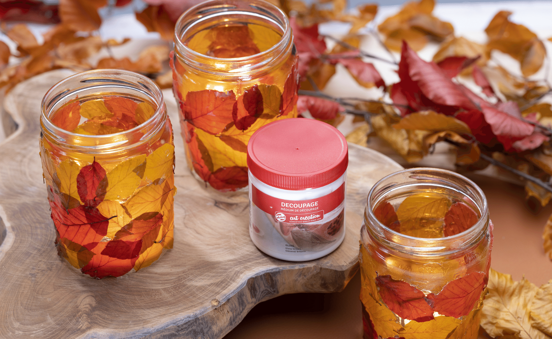 Leaves on glass jars